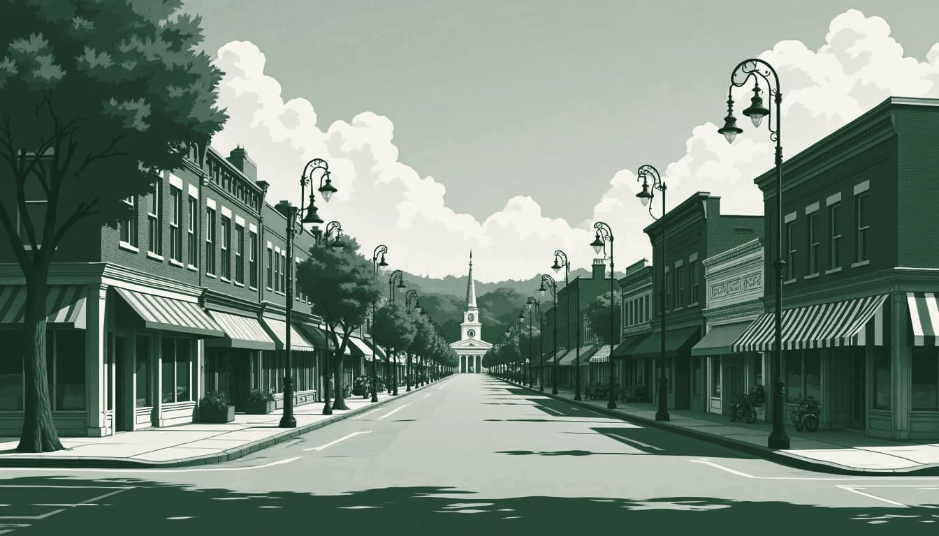 An elevated view down a classic small-town Main Street lined with storefronts